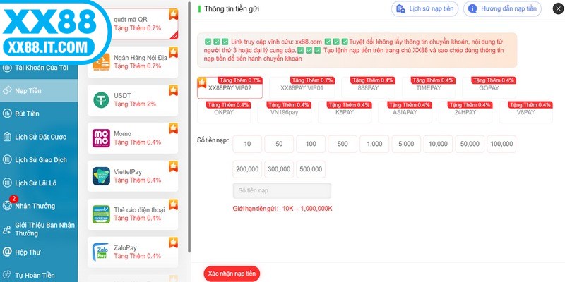 Những phương thức nạp tiền XX88 cụ thể 